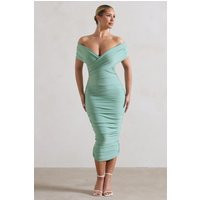 Unwrapped | Sage Ruched Twist Bardot Midi Dress | Club L London
