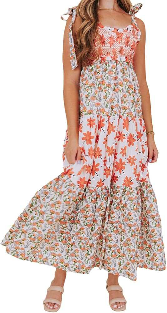 Women Summer Boho Y2K Flowy Spaghetti Strap Dress Shoulder Tie Up Floral Sleeveless Dress Big Swi... | Amazon (US)