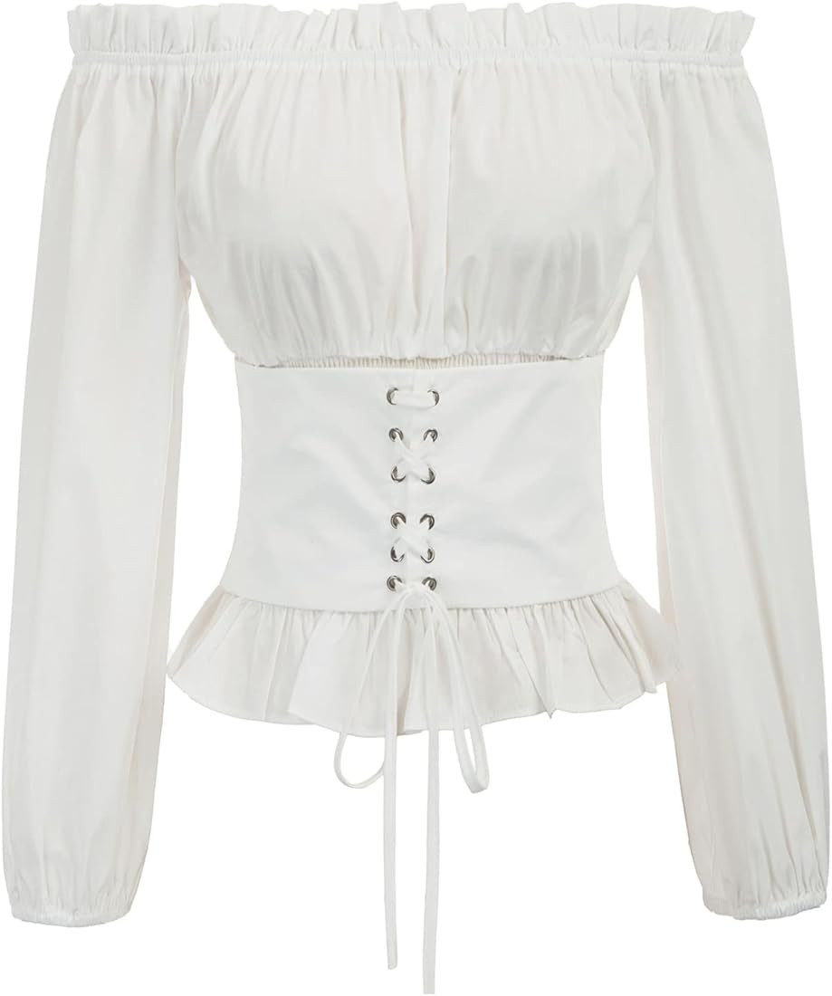 Victorian Peasant Blouse Renaissance Smocked Waist Boho Tops T Shirts S White at Amazon Women’s... | Amazon (US)
