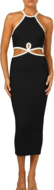 KMOLY Women's Cut Out Waist Bodycon Midi Dress Sexy Backless Sleeveless Spaghetti Strap Party Tan... | Amazon (US)