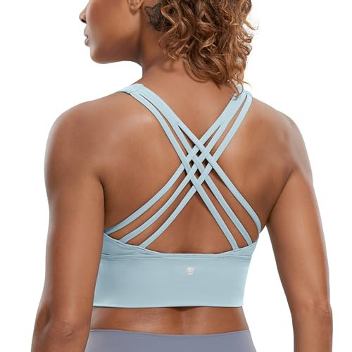 CRZ YOGA Strappy Longline Sports Bras for Women - Wirefree Padded Criss Cross Yoga Bras Cropped Tank Tops Cambric Blue X-Small | Amazon (US)