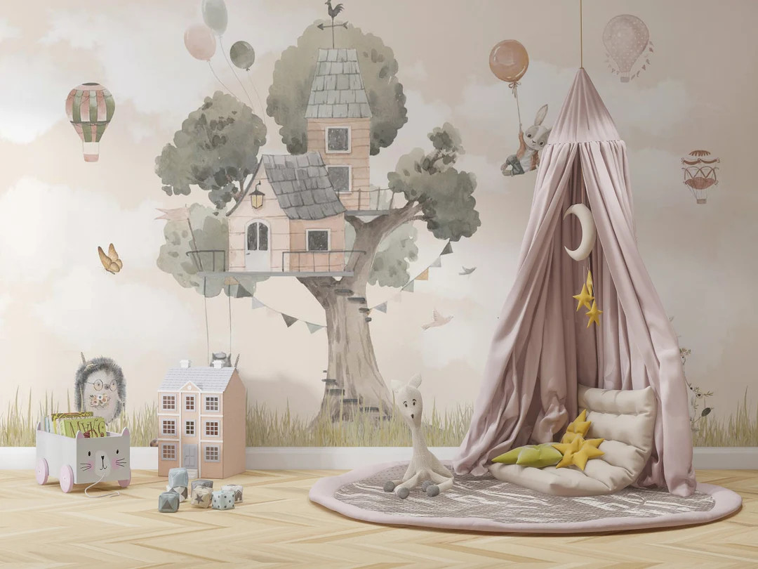 Cute Animals Wallpaper and House on the Tree Wall Mural Peel and Stick Air Balloons Wallpaper Sel... | Etsy (CAD)