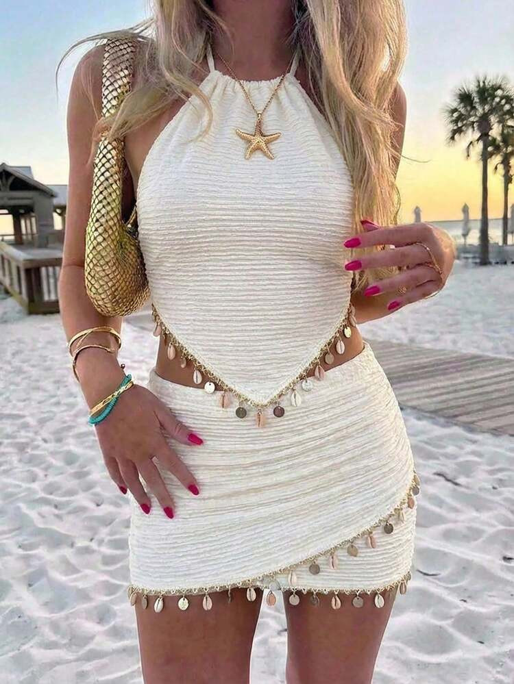 Women's Sexy Beach Vacation Style Sequin Patchwork Shell Strap Asymmetrical Hem Backless Tie Fron... | SHEIN