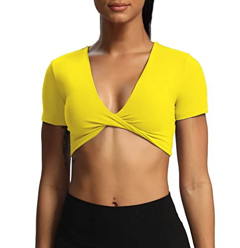 Aoxjox Short Sleeve Crop Tops for Women Sienna Twist Deep V Workout Cropped T Shirt Top (Vibrant Yellow, Small) | Amazon (US)
