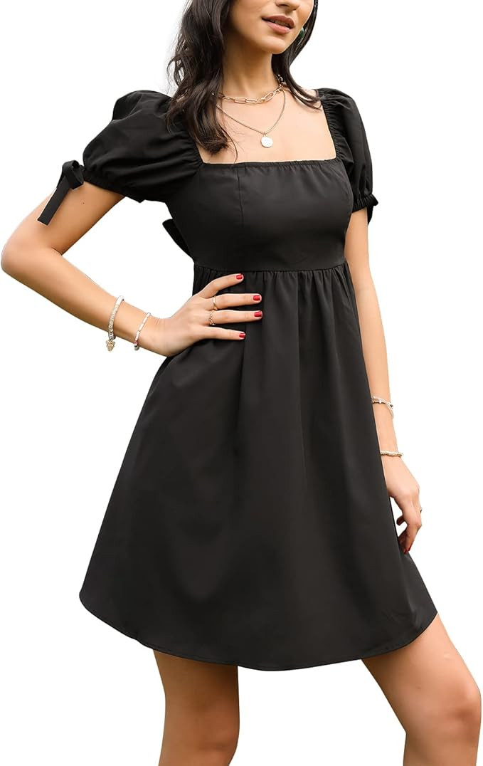 EXLURA Women’s Square Neck Babydoll Dress Backless High Waist Tie Back Short Puff Sleeve Summer... | Amazon (US)