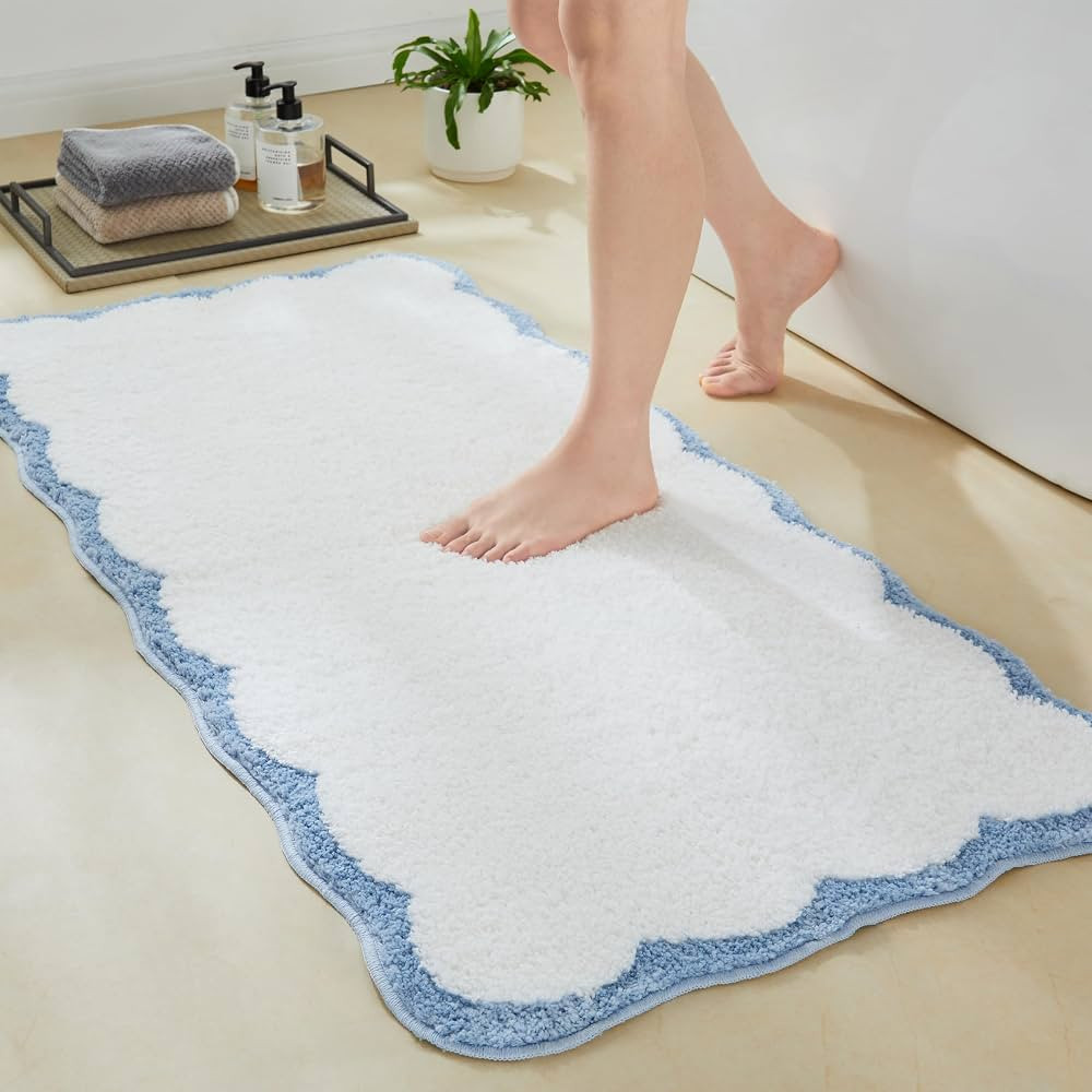 Luxury Microfiber Scalloped Runner Rug, White Bath Rug with Blue Scalloped Piping Cute Aesthetic ... | Amazon (US)
