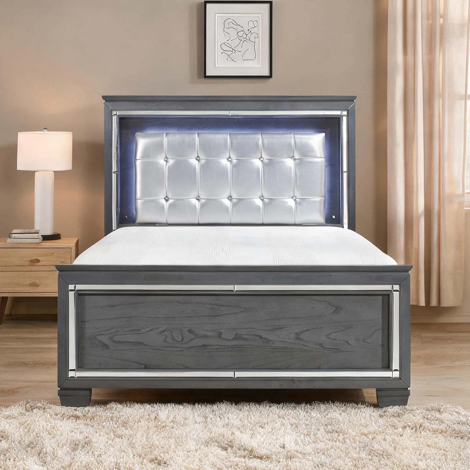 SunJet Queen Upholstered Bed Frame with Button-Tufted Headboard and LED Lighting in Cool Gray Leather one_size | W4E9W9ENZMDV | Lowe's