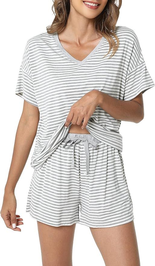 LazyCozy Striped Pajama Set for Women, Viscose Made from Bamboo, Short Sleeve Shirt with Sleep Sh... | Amazon (US)