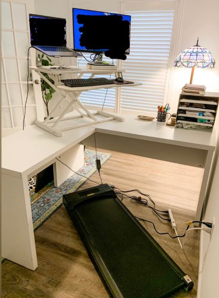 Walking pad / L-shaped desk / home office / leopard rug / standing desk converter / laptop riser / laptop stand / Tiffany lamp / floor lamp / white desk 

#LTKunder100 #LTKhome