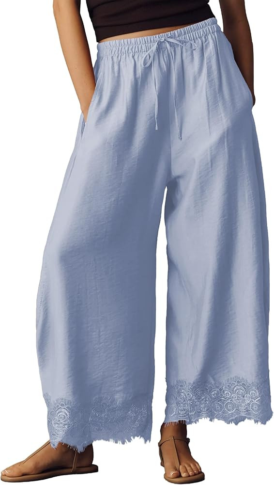 Pantalones cortos con dobladillo de encaje para mujer, pantalones casuales con cord\u00f3n el\u00... | Amazon (US)