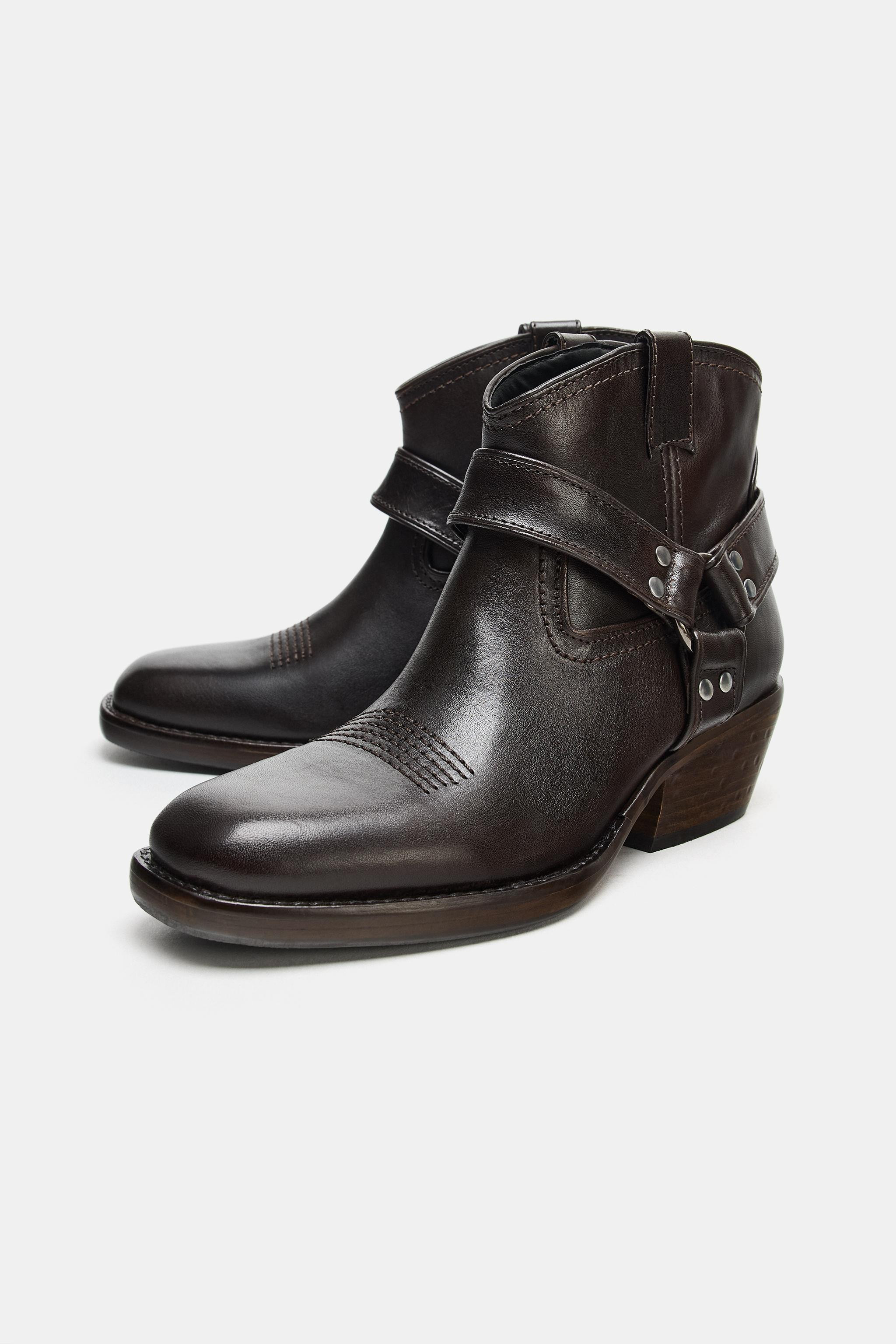 LEATHER COWBOY ANKLE BOOTS WITH RINGS | Zara UK