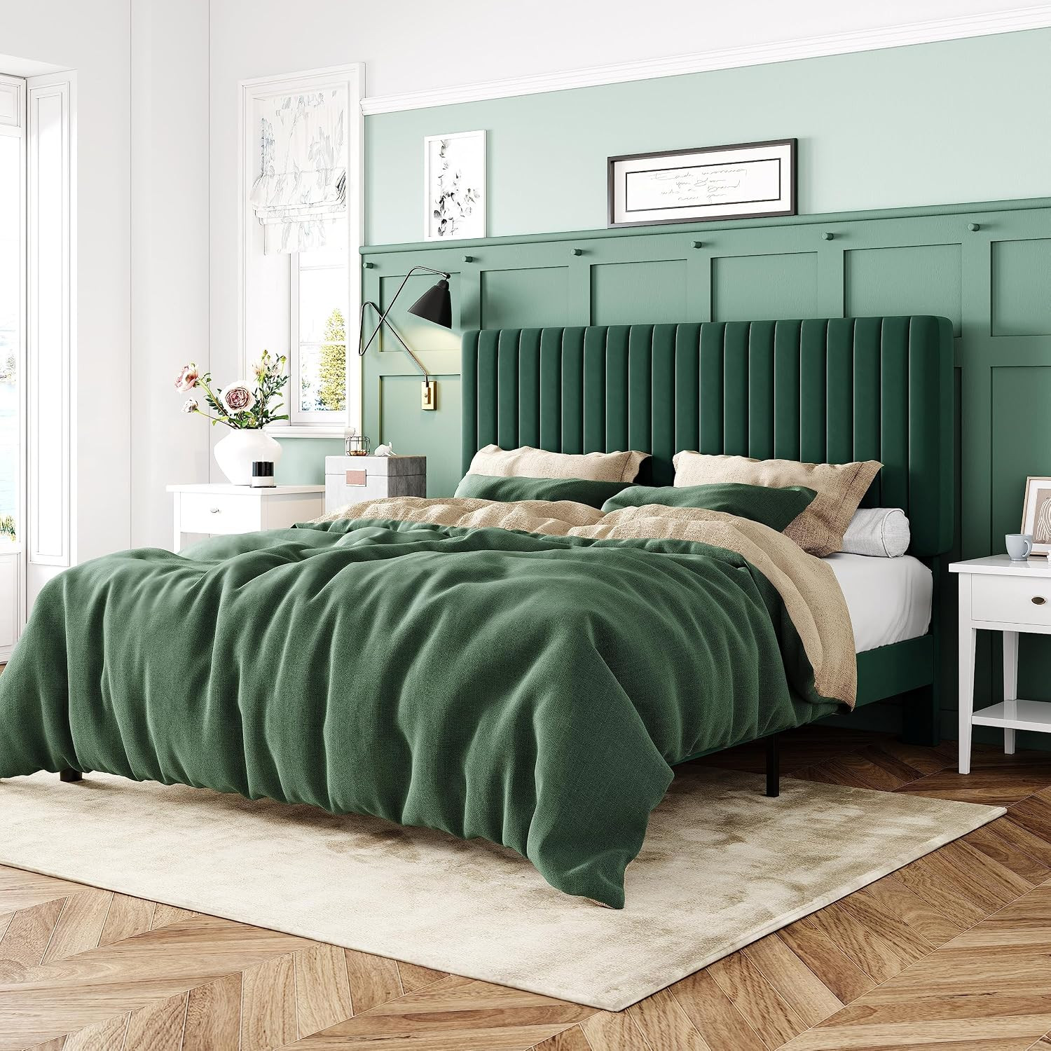 Allewie King Bed Frame, Velvet Upholstered Platform Bed with Adjustable Vertical Channel Tufted Headboard, Mattress Foundation with Strong Wooden Slats, Box Spring Optional, Green | Amazon (US)