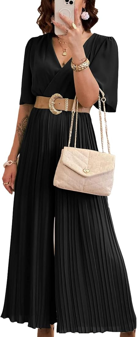 PRETTYGARDEN Women's Jumpsuits Casual Wrap V Neck Ruffle Sleeve Wide Leg Flowy Romper One Piece S... | Amazon (US)