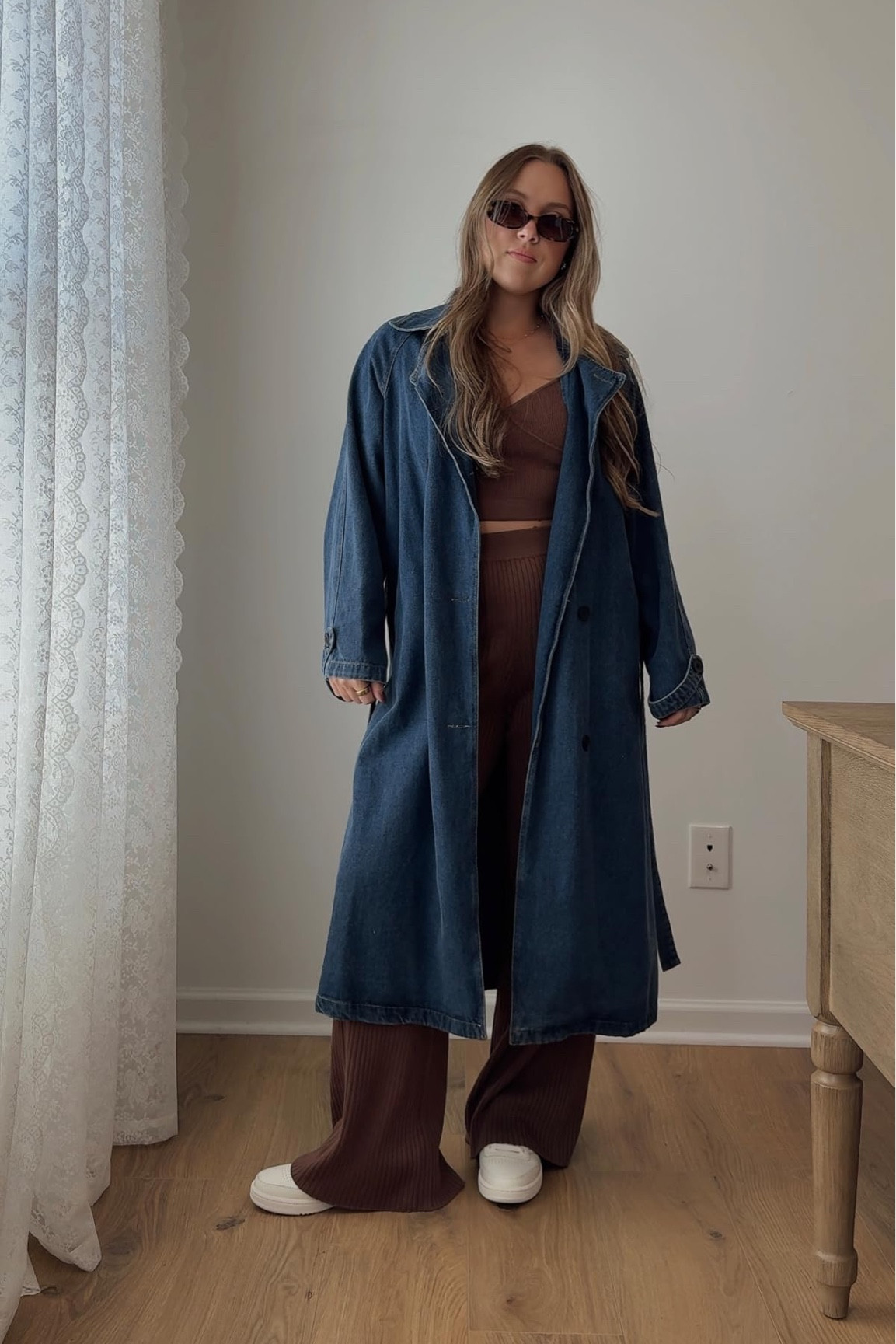 I am currently absolutely obsessed with this denim jacket! Wearing small in the set (runs a little big) and medium denim trench

Denim jacket, trench coat, long jacket, comfortable outfit, fall fashion, amazon style, womens clothing, brown lounge set, loungewear, accessories, sunglasses, earrings, chic jewelry, white sneakers

#LTKSeasonal #LTKWorkwear #LTKStyleTip