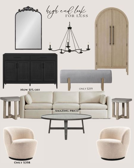 Amazon high end look for less:
White sofa. Gray concrete side table. Gray wood coffee table. White accent chai. Black cabinet. Black mirror traditional. Black chandelier. Light wood wardrobe. Gray bench modern.

#LTKHome #LTKSaleAlert