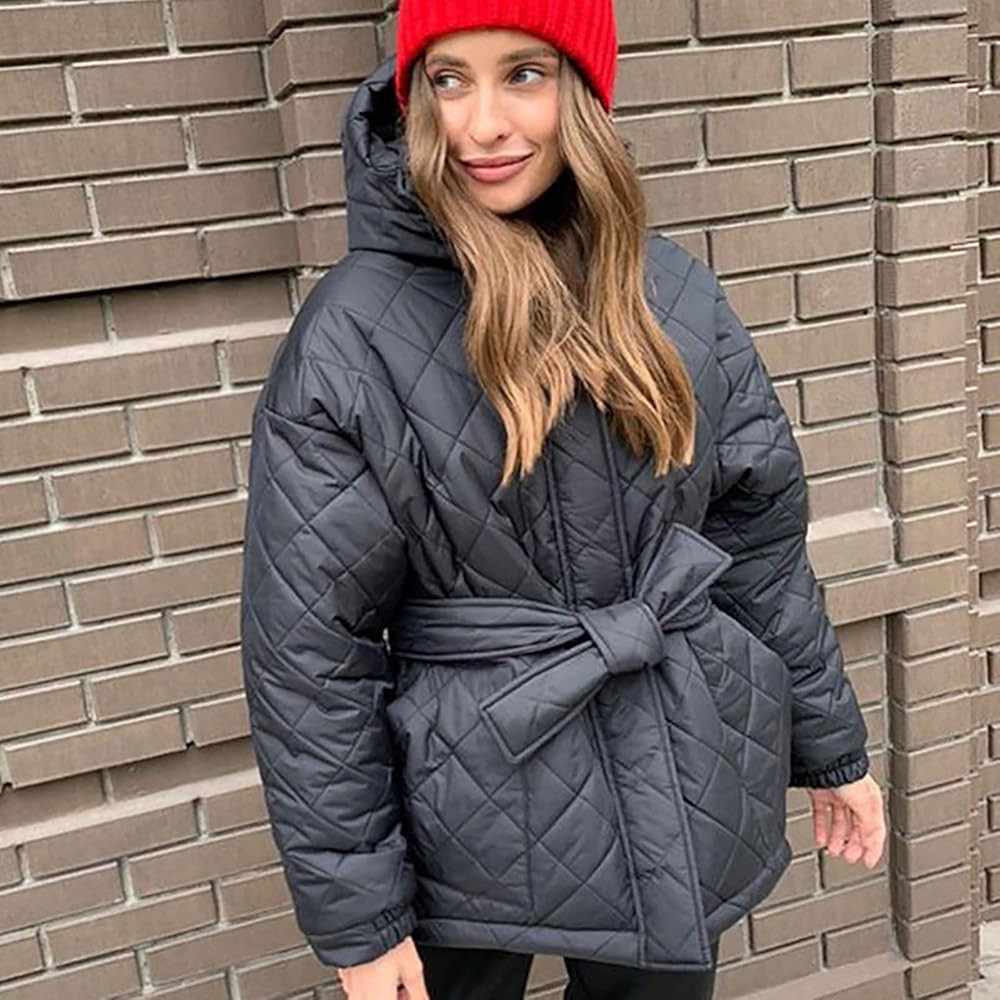 Women's Casual Quilted Down Jacket Winter Fashion Long Sleeve Zip Up Pockets Solid Hooded Coats with | Amazon (US)