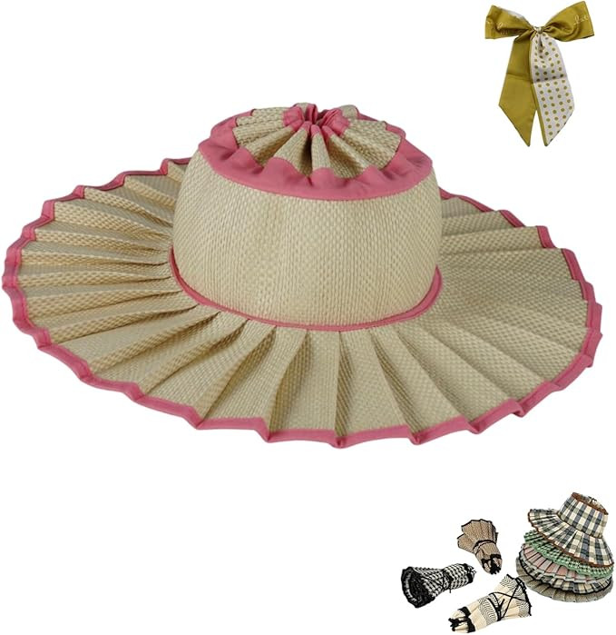 Women's Straw Reversible Pleated Sun Hat,Foldable Wide Brim Beach Hats for Summer,Outdoor Casual ... | Amazon (US)