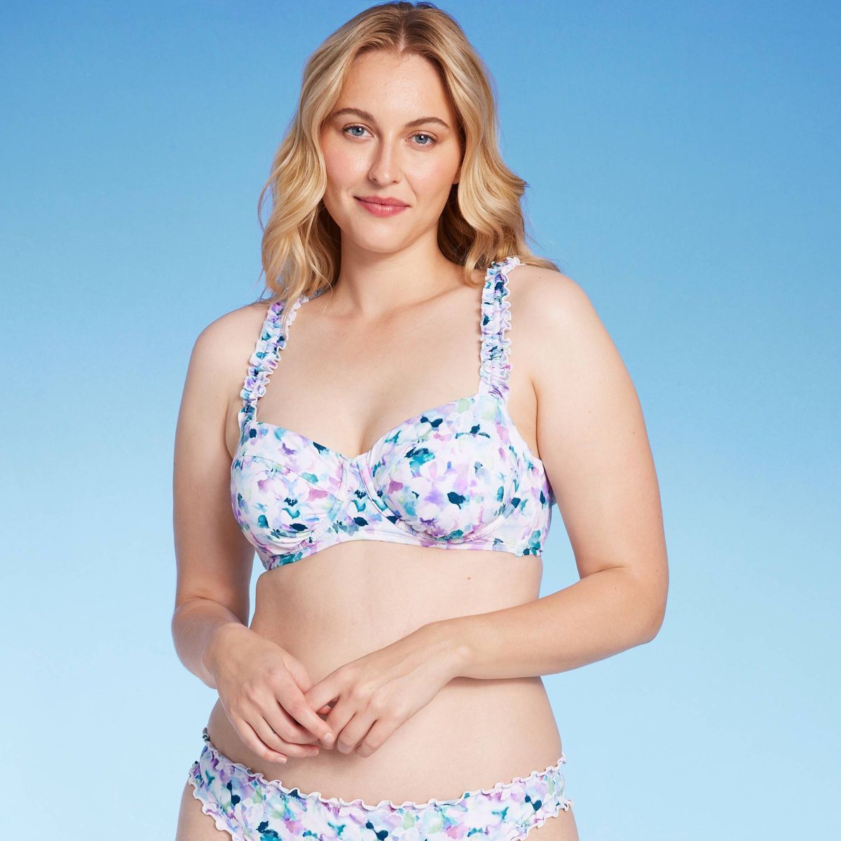 Women's Scrunchy Strap Longline Bikini Top - Shade & Shore™ Multi Blue Floral Print | Target
