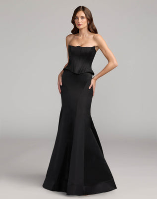 Black Strapless Satin Corset Peplum Gown | Mac Duggal