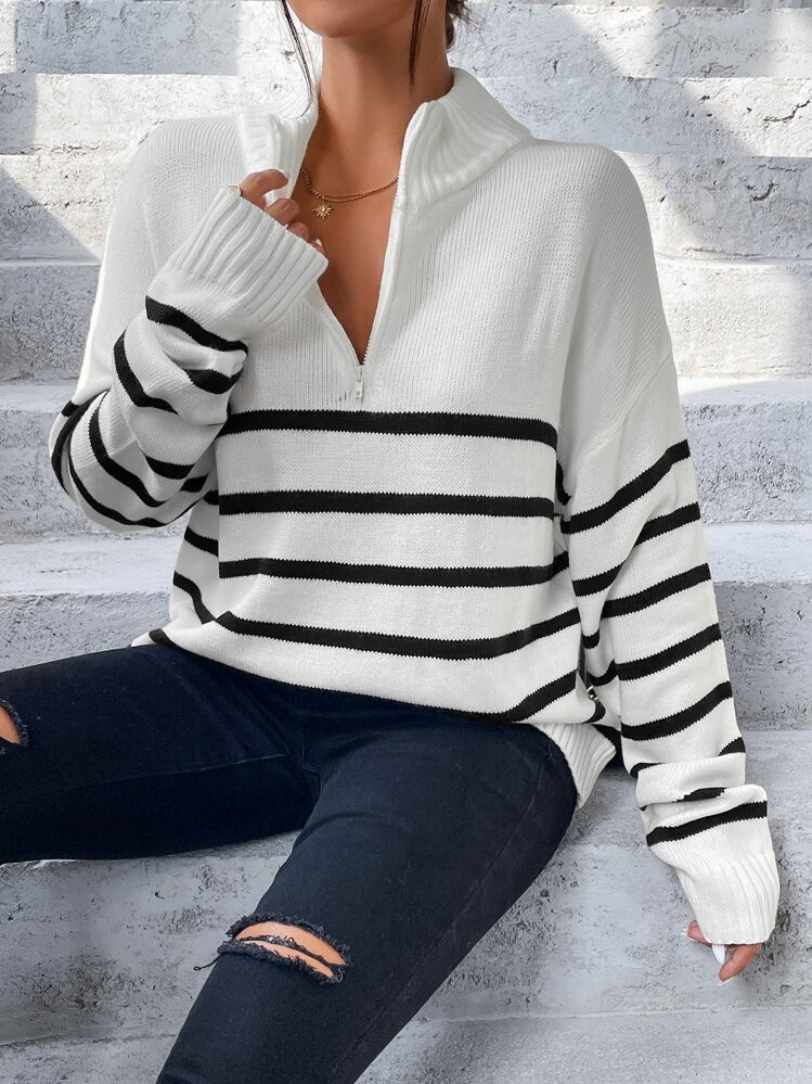 SHEIN Essnce Stripe Pattern Half Zipper Drop Shoulder Sweater In Fall/Winter | SHEIN
