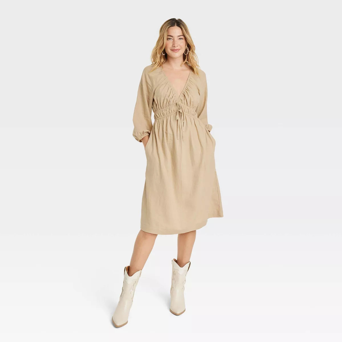 Women's Tie-Front Puff 3/4 Sleeve Midi Dress - Universal Thread™ | Target