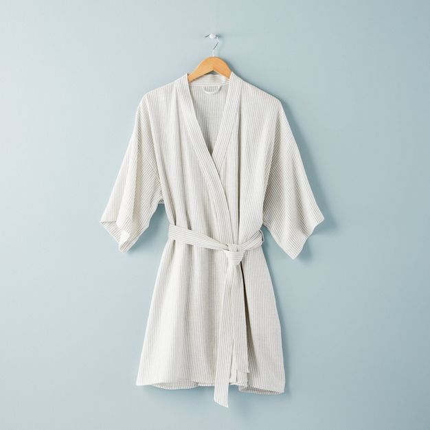 Women's Ticking Stripe Linen Blend Robe Cream/Gray - Hearth & Hand™ with Magnolia | Target