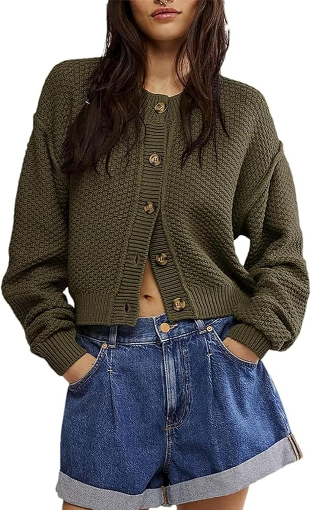 Mingzhu Womens Open Front Cropped Cardigan Sweater Oversized Button Down Long Sleeve Chunky Knit ... | Amazon (US)