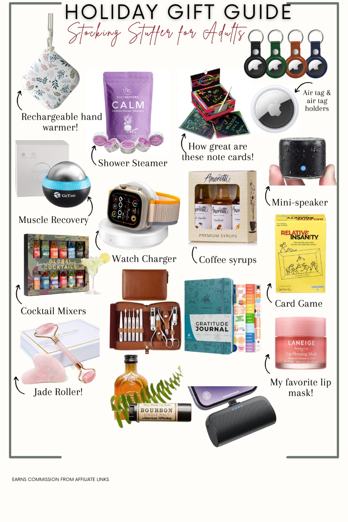 Adult stocking stuffers!

Muscle roller., bath salts, card, game, notebook, lip, mask, phone, charger, jade, roller, cocktail, mixer, Apple Watch, AirTag,

#LTKGiftGuide #LTKbeauty #LTKHoliday