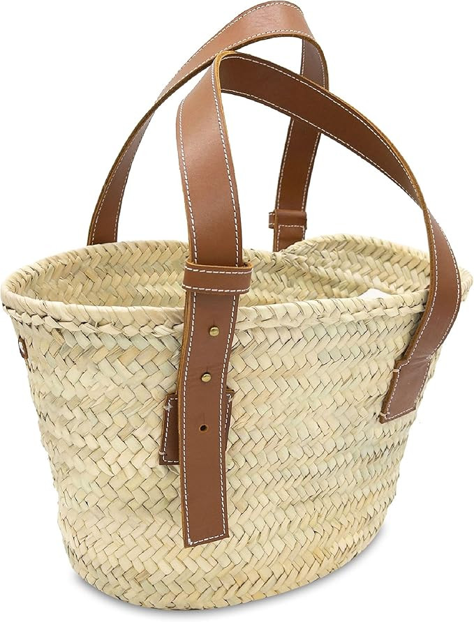 FRENCH BASKET straw bag with leather handles beach bag, straw bag, market basket, Straw basket, M... | Amazon (US)