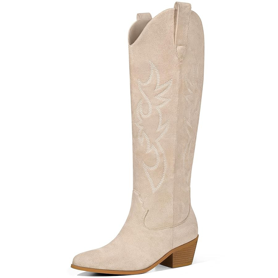 Ouepiano White Cowgirl Boots Women Cowboy Knee High Tall Boots Chunky Heel Pointed Toe Pull-On We... | Amazon (US)