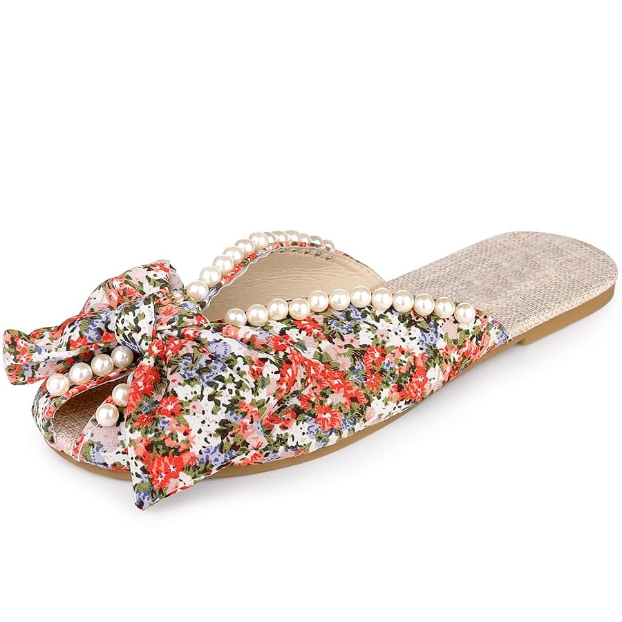 Perphy Floral Printed Peep Toe Slip on Pearl Flat Shoes Slides Mules for Women | Amazon (US)