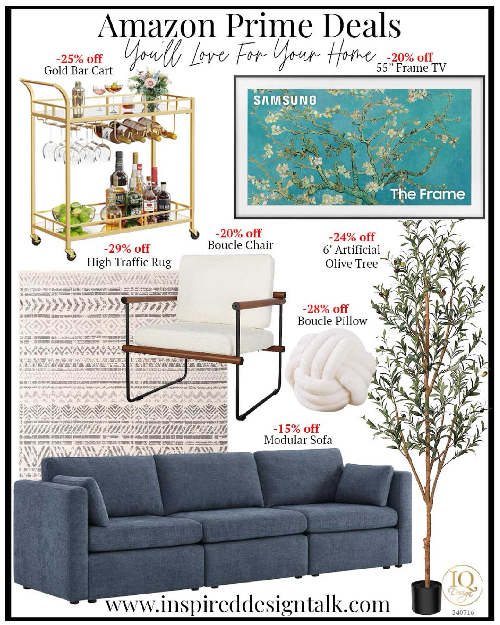 Amazon prime day deals 2024 Gold Bar Cart // 55" Frame TV // Boucle Chair // High Traffic Rug // 6' Artificial Olive Tree // Boucle Pillow // Knot Boucle Pillow // Modular Sofa

#LTKHome #LTKStyleTip #LTKOver40
