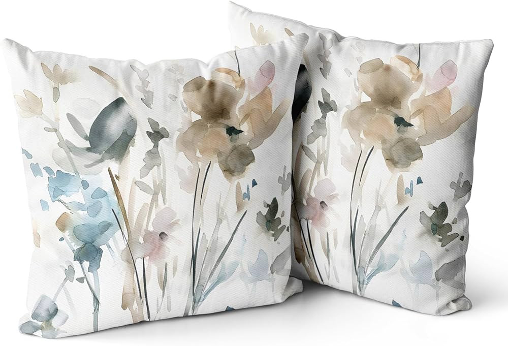 Snycler Brown Cream Grey Teal Floral Pillow Covers Watercolor Flower Couch 22x22'' Pillow Cases R... | Amazon (US)