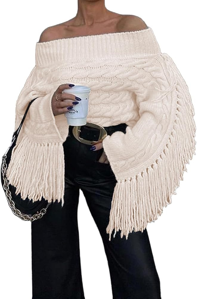 Unybwonn Women Off The Shoulder Fringe Cropped Sweater Long Sleeve Sexy Pullover Y2k Cute Streetw... | Amazon (US)