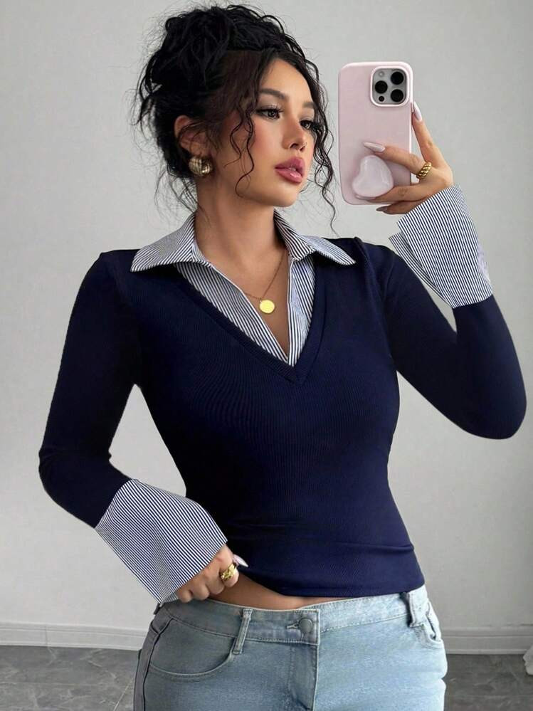 Elenzga Women's Plus Size Elegant Contrast Collar & Cuff Design Fitted High Stretch Ribbed Fabric... | SHEIN