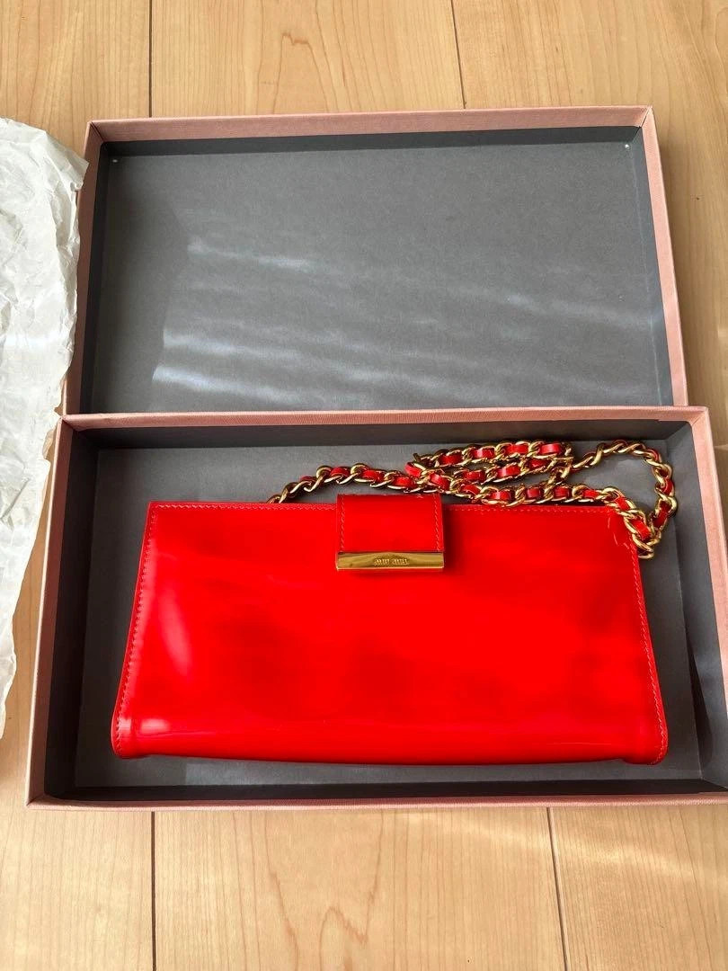 Authentic Miu Miu Clutch Bag Red Patent Leather Chain Shoulder  w/Box | eBay US