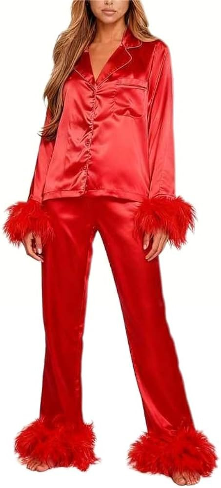 Women Christmas Pajamas Satin Silk Feather Trim Button Down Shirts Jammies Xmas Matching Pjs Outf... | Amazon (US)