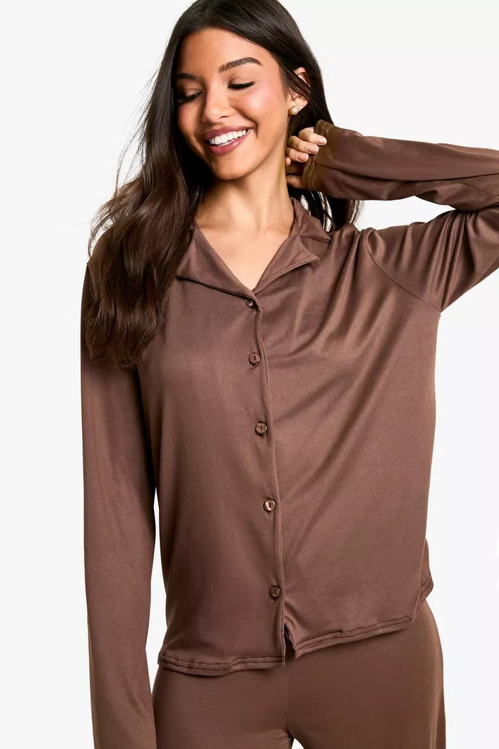 Soft Touch long Sleeve Shirt and Trouser Pyjama Set | Boohoo.com (UK & IE)