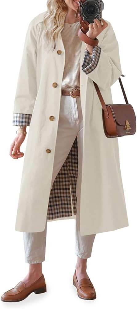 Tankaneo Womens Long Trench Coat Single Breasted Oversized Windproof Overcoat Fashion Outerwear | Amazon (US)