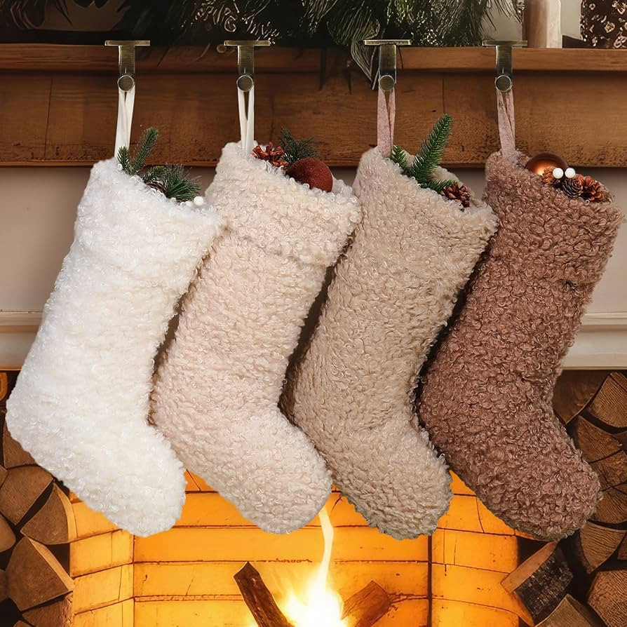 4 Pcs 18 Inch Christmas Stockings Neutral Wool Plush Fur Stocking Decor Farmhouse Rustic Artifici... | Amazon (US)