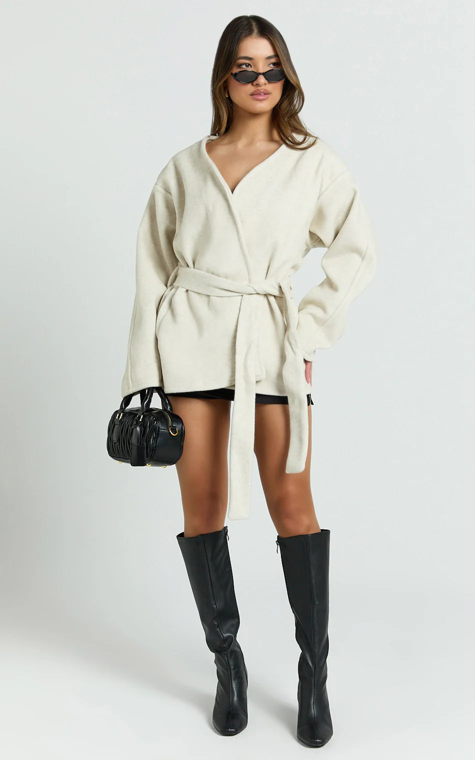 Annalise Jacket - Collarless Tie Waist Wool Look Jacket in Cream | Showpo (US, UK & Europe)