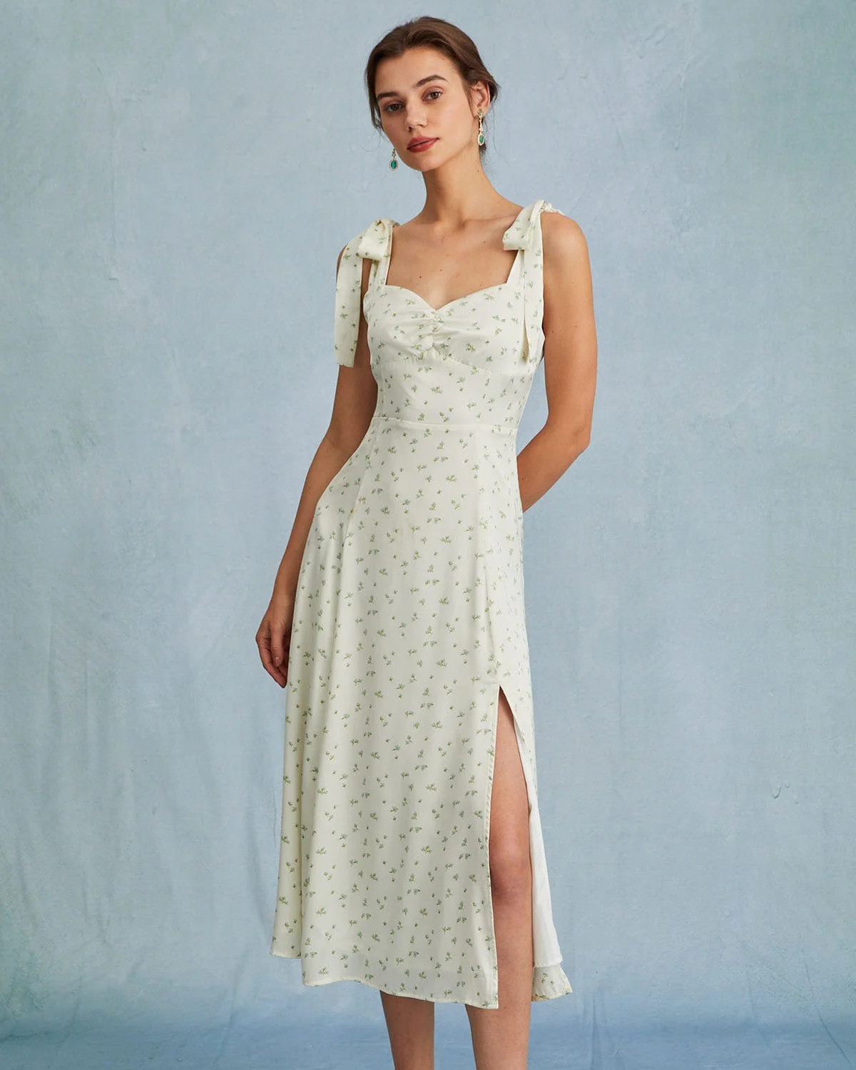 The Light Green Satin Floral Tie Strap Slit Midi Dress - Floral Satin Slip Cocktail Cami Dress - ... | rihoas.com