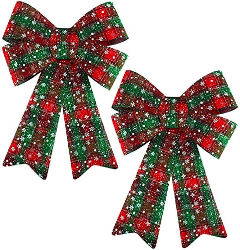 Aneco 2 Pack Large Buffalo Plaid Christmas Bows Snowflake Christmas Wreath Bow Christmas Tree Orname | Amazon (US)