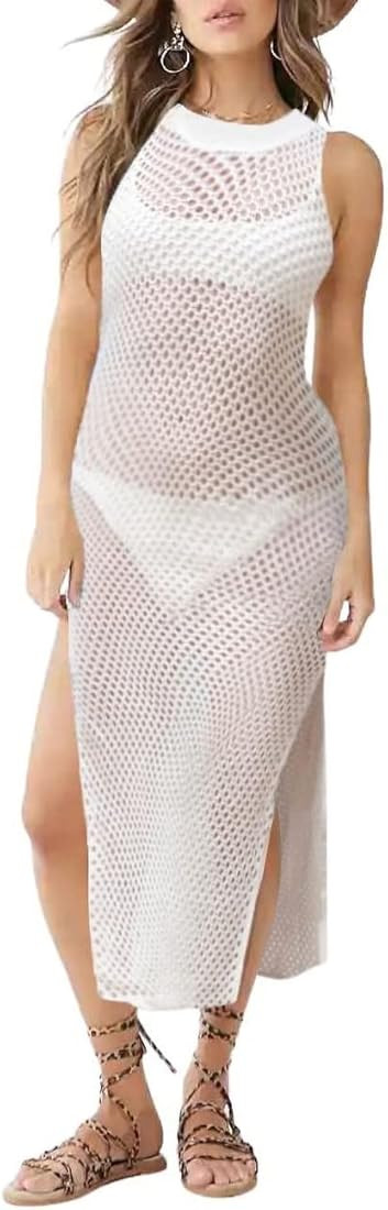 Bsubseach Women Lace Up V Neck Long Sleeve Crochet Swimsuit Cover Up Dress | Amazon (UK)