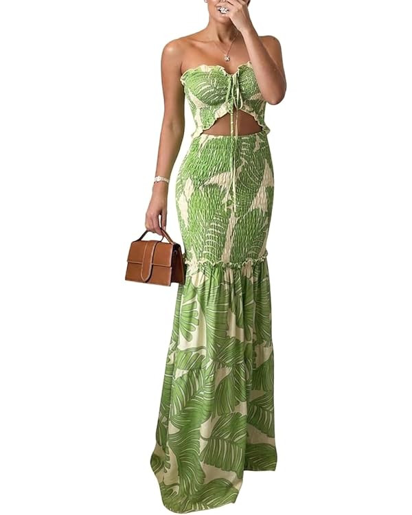 CHICME Floral Printed Vacation Dress Halter Tie Ruched Shirred Bandeau Party Dress Slim Ruffle He... | Amazon (US)