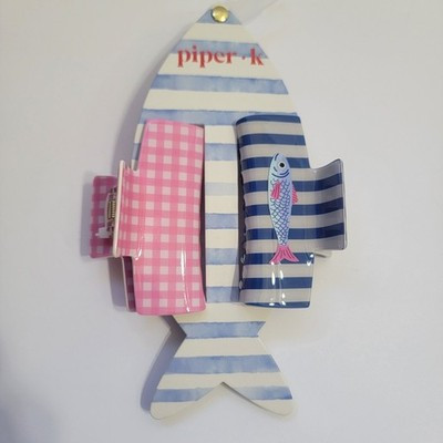 Piper K Sardine Hair Claw Clip Set 2pc Gingham Blue Pink Fish Coastal Nautical | eBay | eBay US