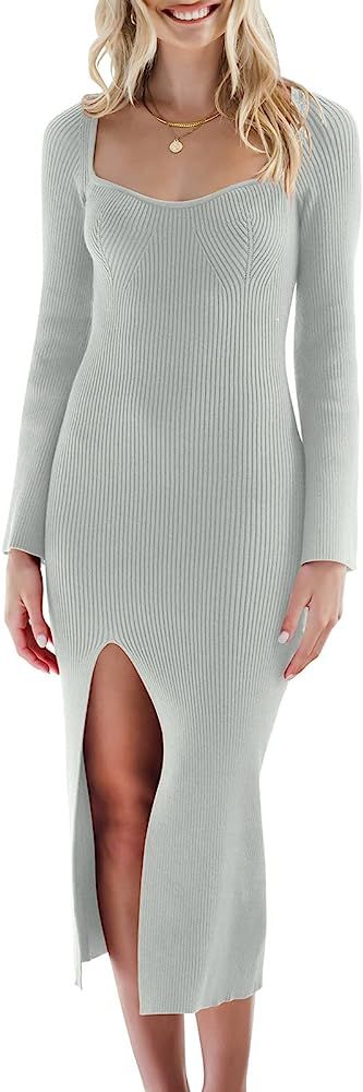 ANRABESS Women's Bell Long Sleeve Sweetheart Neck Slim Fit Ribbed Knit Slit Midi Sweater Dress | Amazon (US)