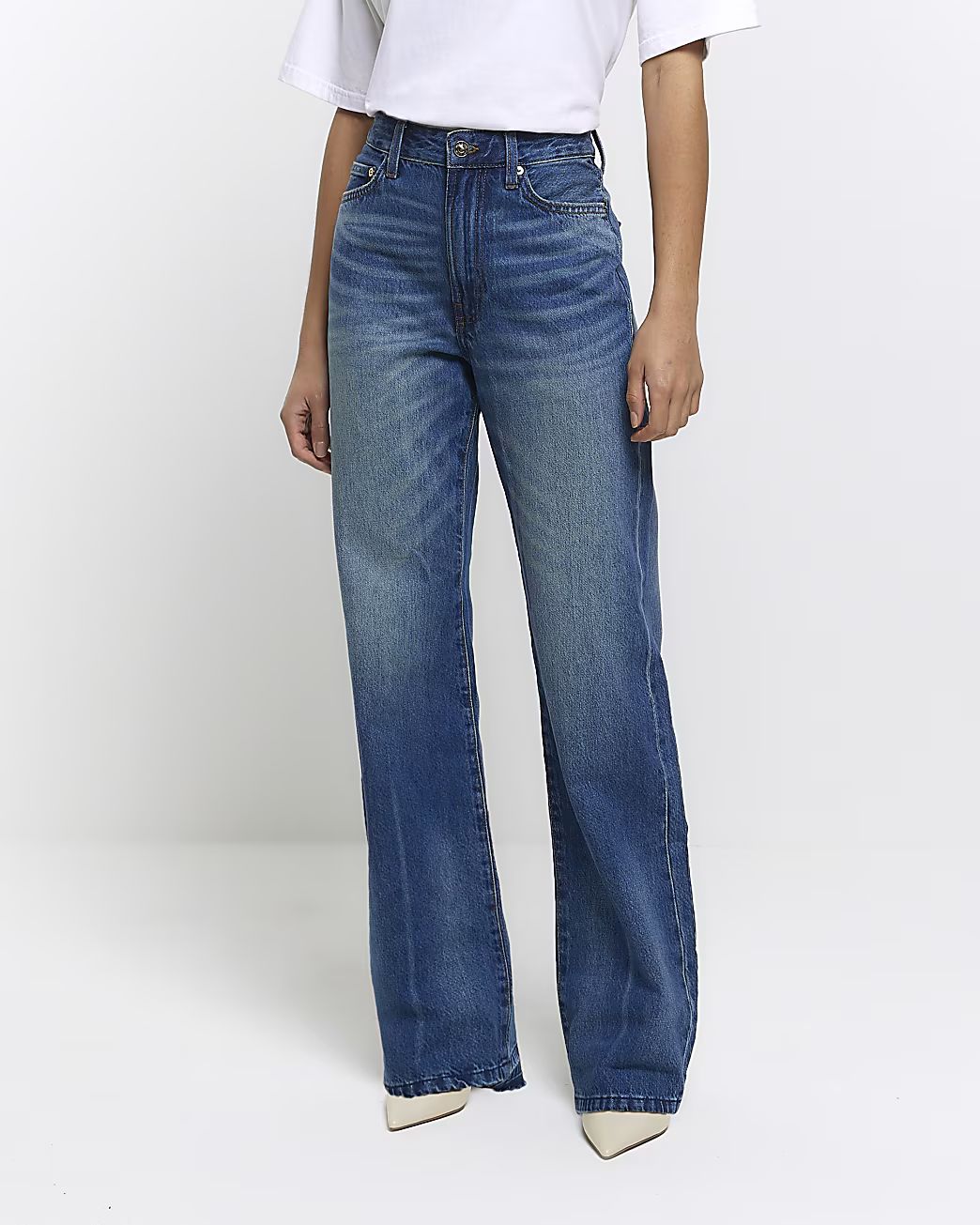 Blue High waisted relaxed straight fade jeans | River Island (US)