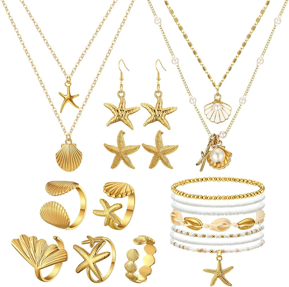 Tondiamo 16 Pcs Seashell Starfish Jewelry Set Seashell Earrings Rings Boho Layer Charm Necklace S... | Amazon (US)