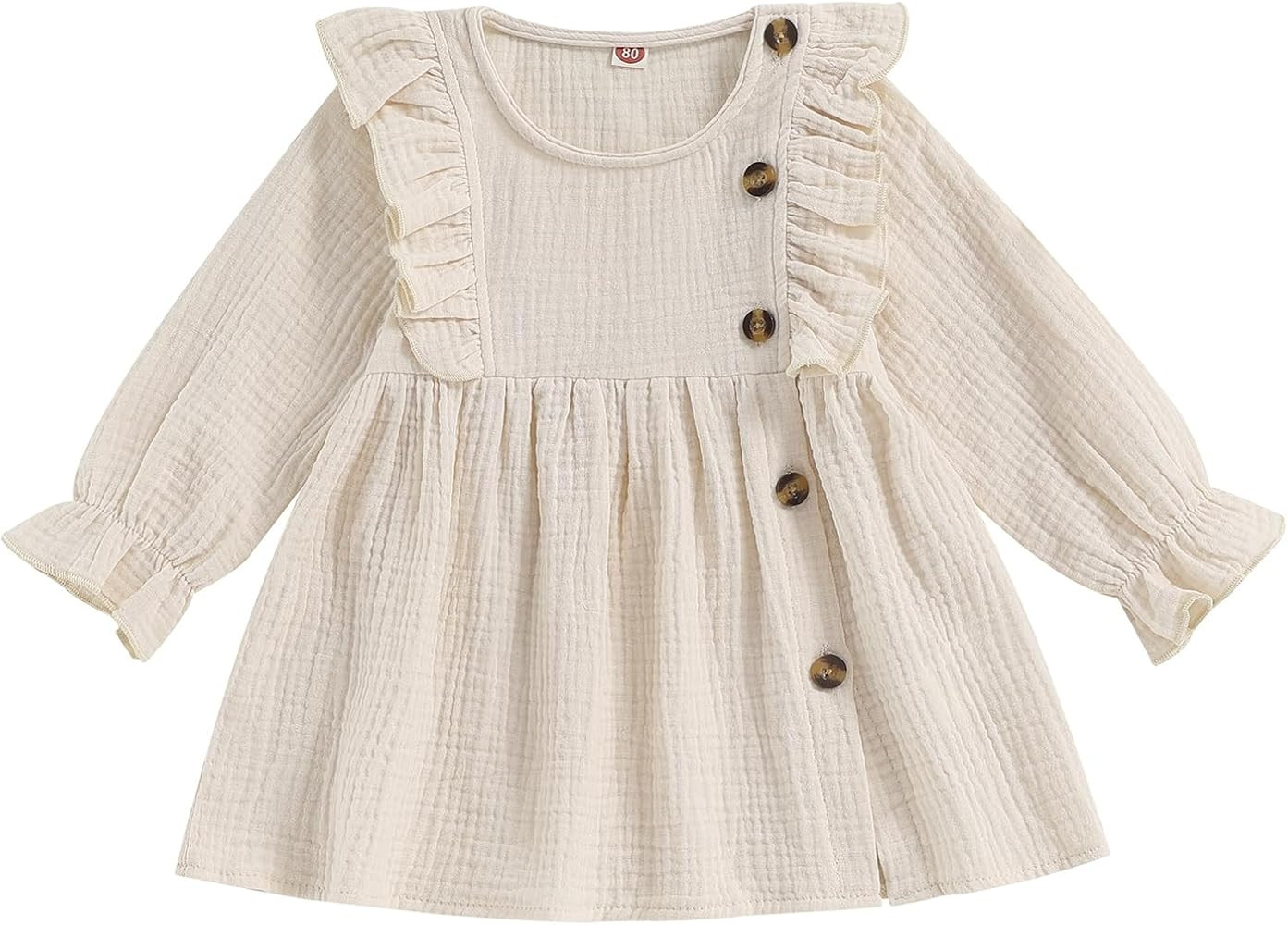 Gueuusu Toddler Baby Girl Cotton Linen Dress Solid Color Long Sleeve Ruffle Dress Button A Line D... | Amazon (US)